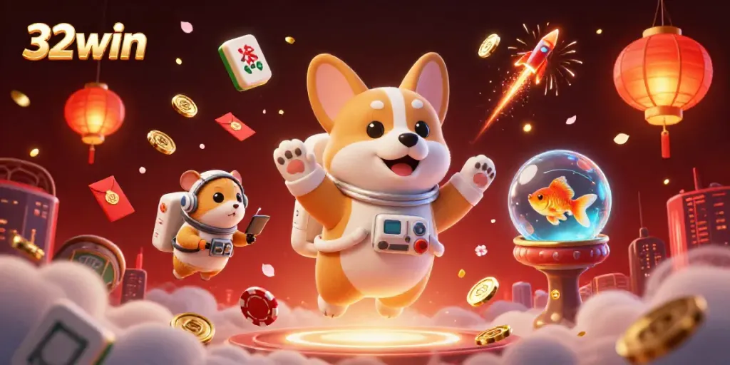 32win astronaut corgi floating in a vibrant casino scene full of casino elements and festive decorations.