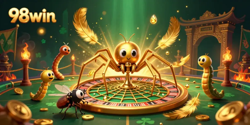 Engage with 98win's thrilling casino action, featuring a golden roulette spider, betting fly, and centipede croupier amidst rich details.