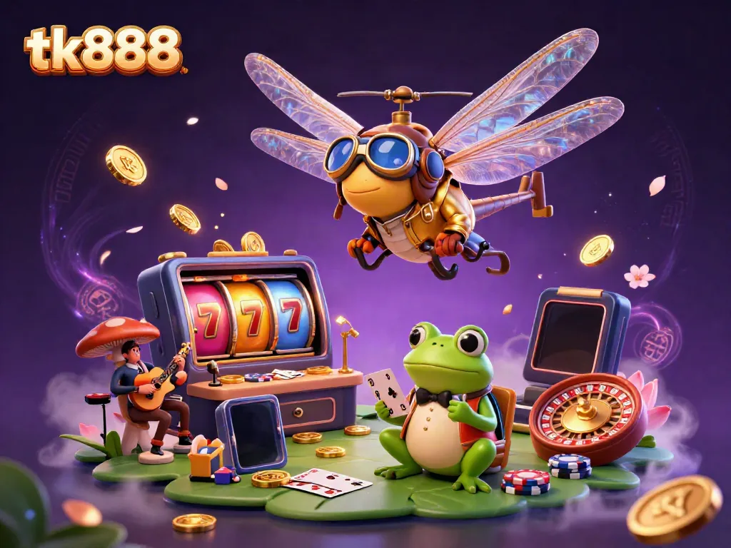 Experience exciting gameplay at tk888 with a cartoon dragonfly pilot and frog croupier in a vibrant casino scene.