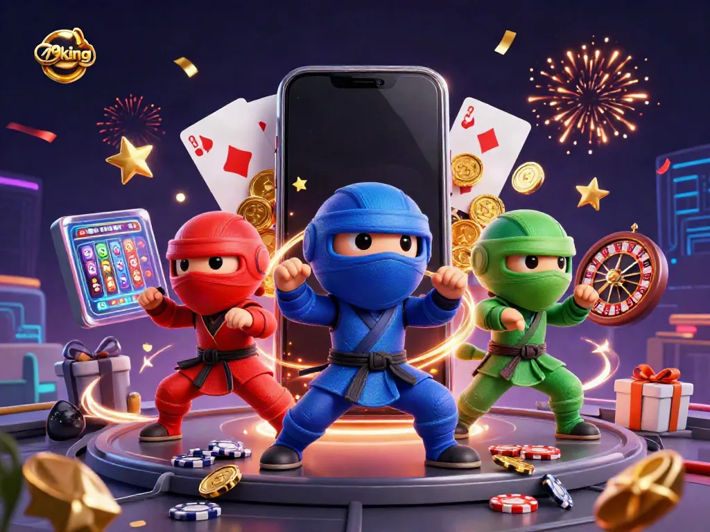 Experience gaming excitement with 79king's vibrant 3D cartoon ninja chameleons amidst dynamic casino elements.