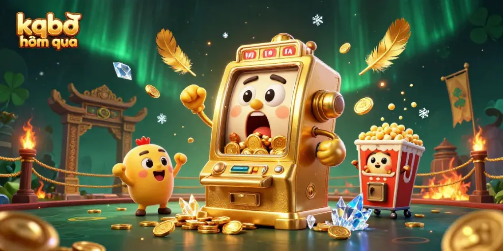 Witness the interactive excitement of kqbđ hôm qua with a spirited golden slot machine hitting a jackpot in a vibrant casino scene.