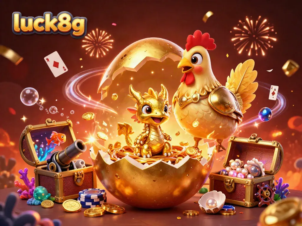 Win big with luck8g at the casino as you see a golden dragon emerging from a nest of poker chips.