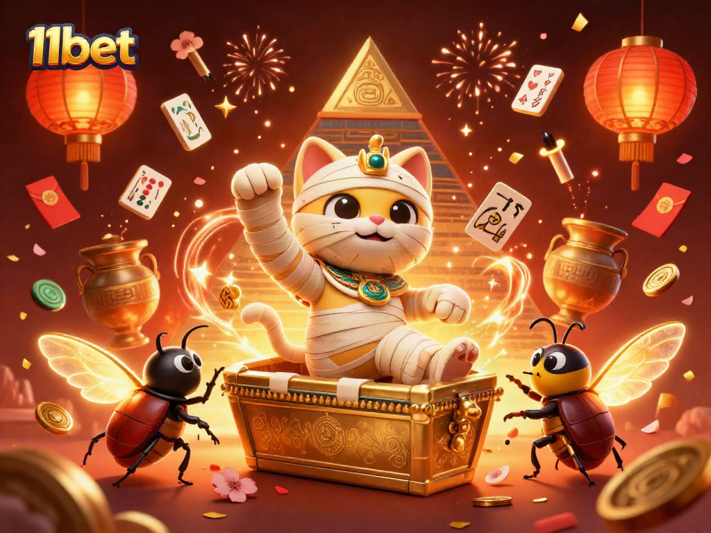Engage with the thrilling world of 11bet casino gaming featuring an Egyptian mummy cat amidst vibrant, dynamic decorations.