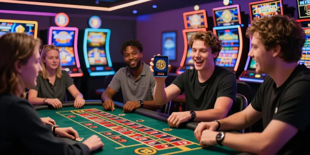 Exciting moment at a Bitcoin casino with players celebrating wins and digital displays showcasing Bitcoin transactions.