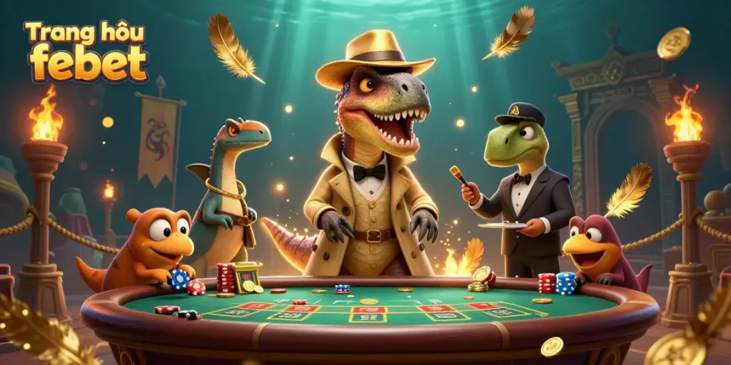 Experience the excitement at Trang chủ febet with a playful velociraptor card counter and vibrant casino elements.