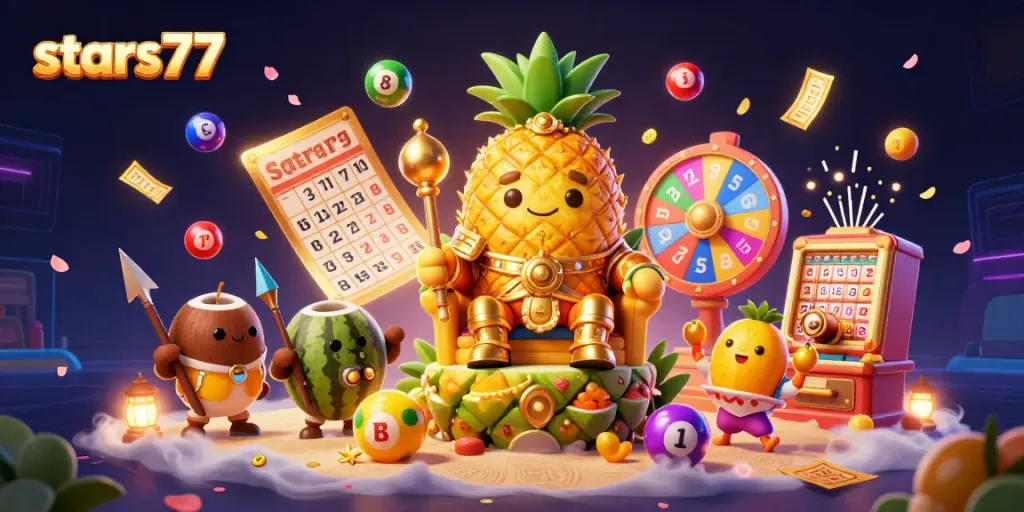 Gali pengalaman bermain di stars77 dengan raja nanas emas dan elemen kasino yang meriah.