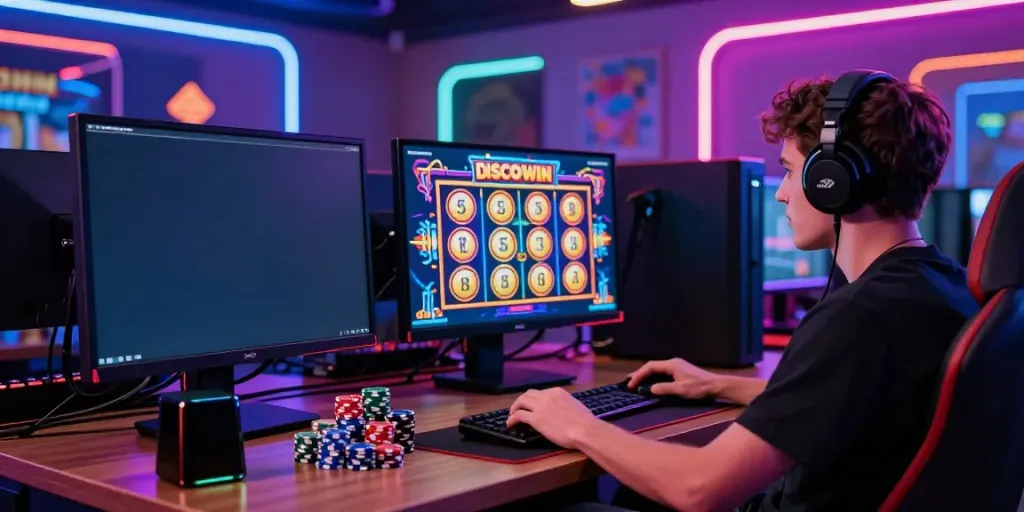 Player enjoying the DiscoWin casino experience with colorful slot reels and neon ambiance.