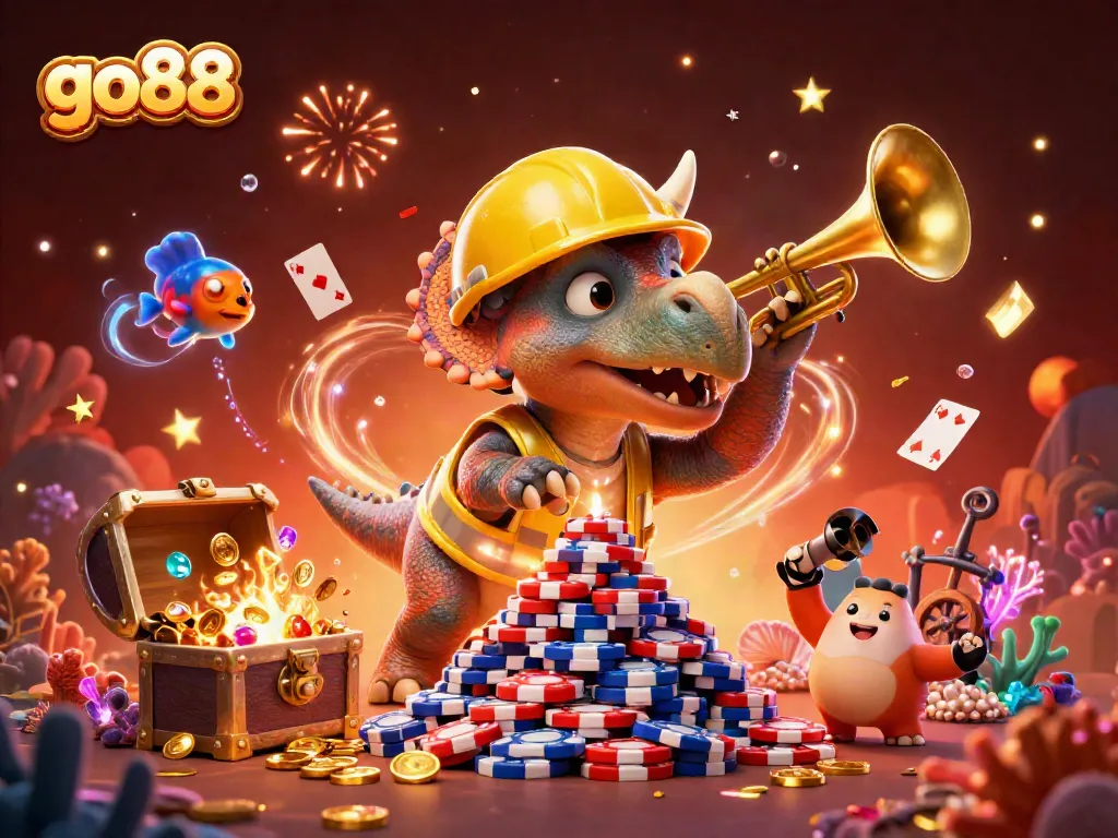Join go88's thrilling gameplay as a triceratops builds poker chip towers in a vibrant scene.