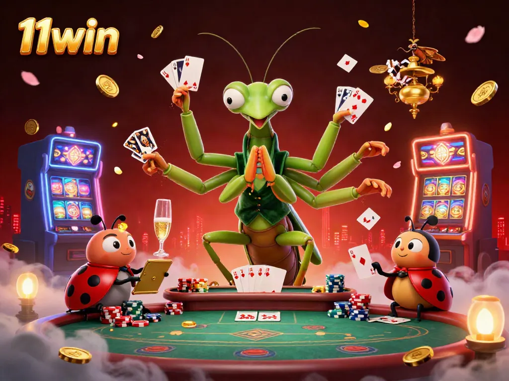 Experience vibrant 11win casino action with card shuffling mantis and ladybug pit boss amidst dynamic game scenes.