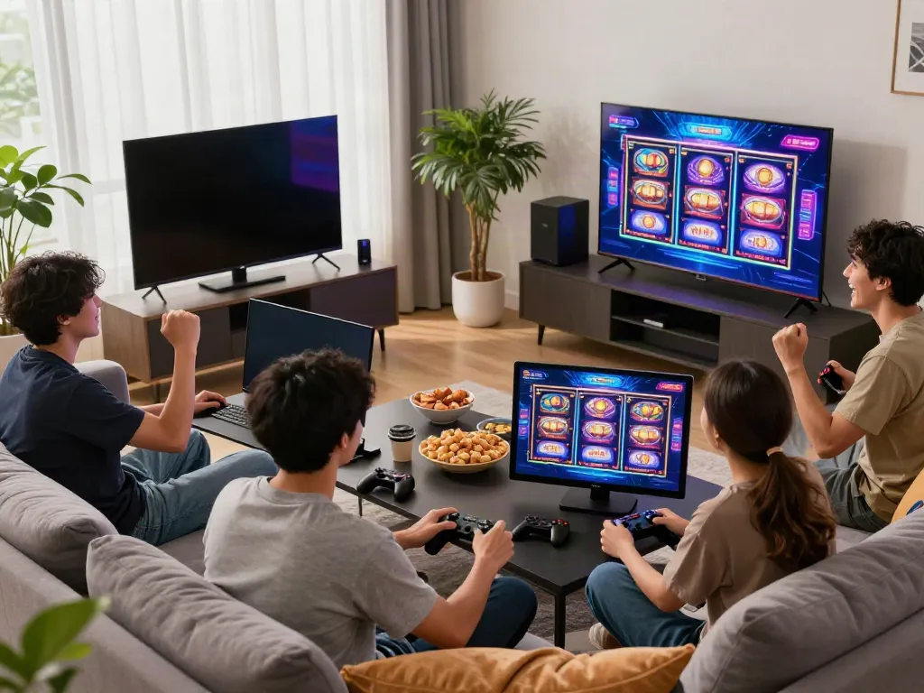 Exciting gaming party with friends enjoying slot games at https://da88z.net/ in a cozy living room.