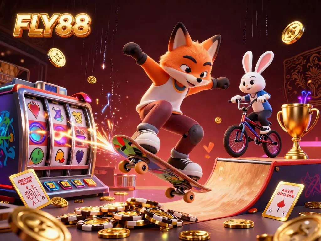FLY88 showcases an animated scene with a skateboarder fox on poker chips, symbolizing lively gaming.