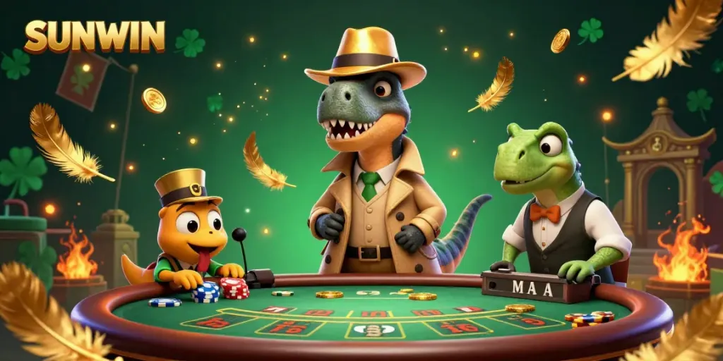Experience an energetic casino scene with SUNWIN as a velociraptor card counter, featuring vibrant gaming details.