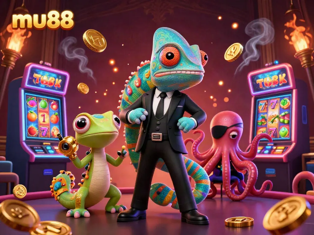 Experience the excitement of mu88 with vibrant slot machines and animated characters in a dynamic casino setting.