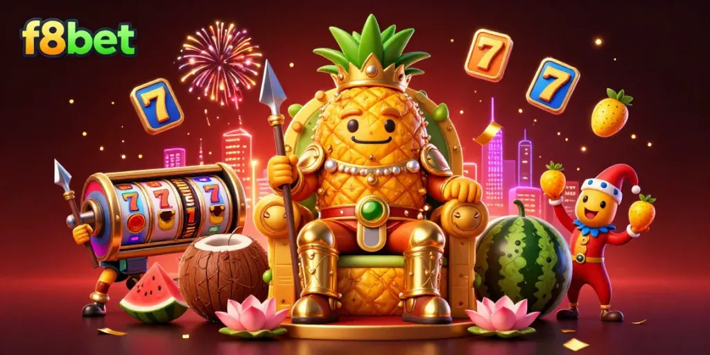 Experience vibrant online gaming with f8bet's unique casino environment featuring a pineapple king and thematic game elements.