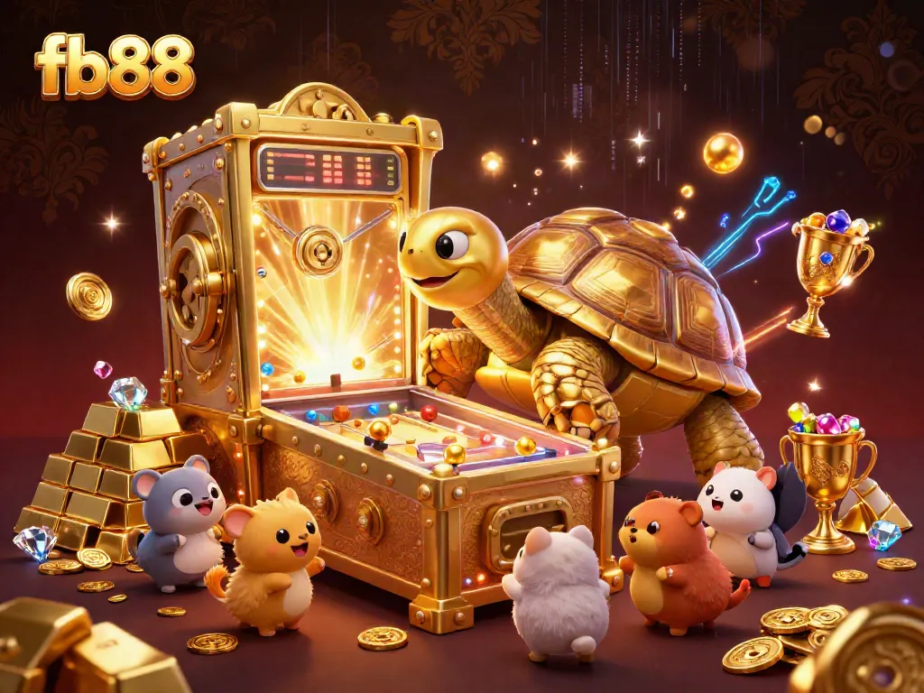 Experience thrilling jackpots with fb88's colossal golden tortoise pinball machine in this vibrant illustration.