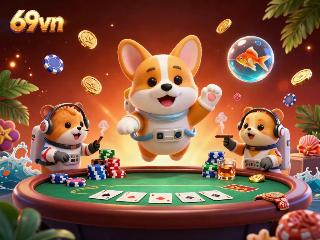 Experience vibrant gambling action at 69vn, featuring cartoon characters in a floating casino.