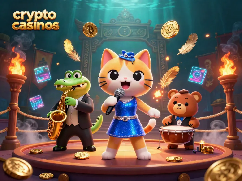 Engaging scene showcasing crypto casinos with a cat singer, crocodile saxophonist, and bear drummer amid vibrant gaming elements.