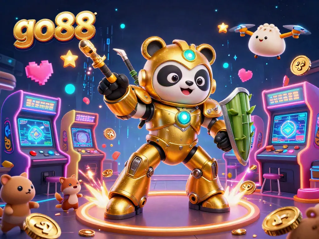 Join the excitement at go88 with a dynamic casino scene featuring vibrant game elements and a mech-suit panda!