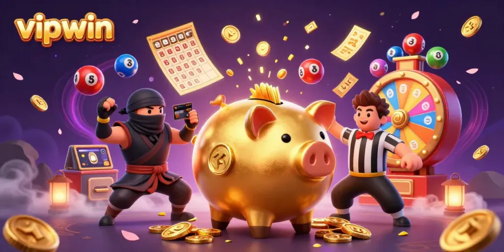 Experience thrilling gameplay with vipwin's vibrant gaming characters amidst a flurry of excitement and vibrant colors.