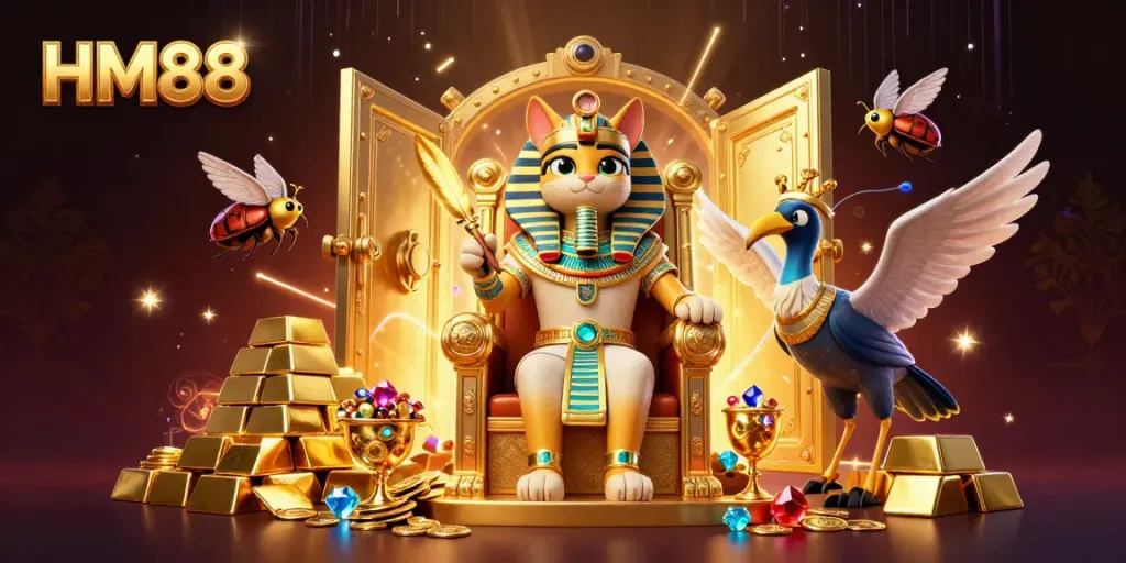 Engage with the enchanting HM88 experience through vibrant Egyptian-themed casino imagery featuring treasures and characters.