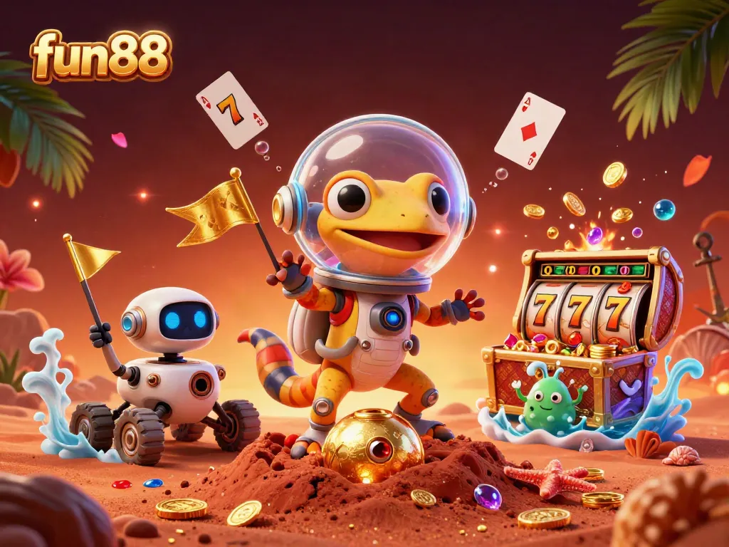 Join fun88's Martian gecko and robot in a vibrant casino adventure filled with treasures.