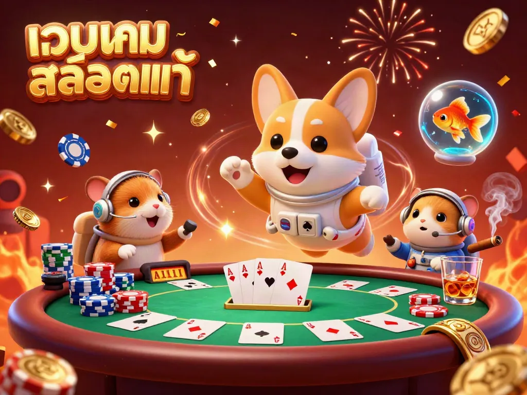 Join the fun at เว็บเกมสล็อตแท้ with a floating corgi and colorful poker elements in a casino atmosphere.