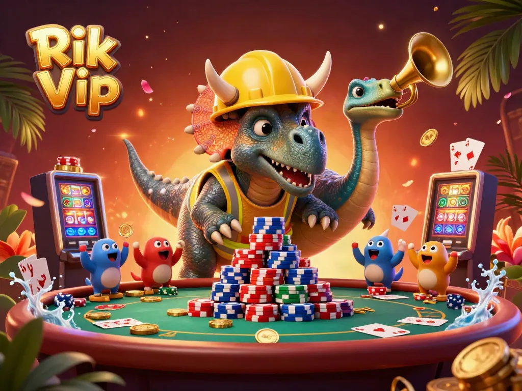 Cheerful celebration of Rik Vip featuring vibrant gaming elements and dynamic cartoon characters.