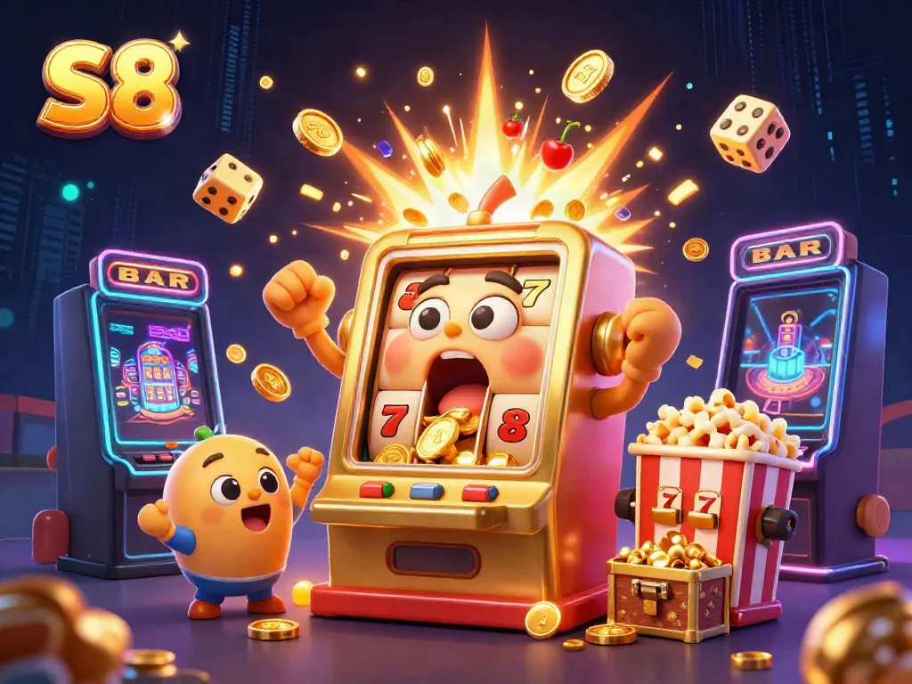 S8 slot machine hitting a jackpot, with coins flying and cheering baby slots, in a vibrant casino scene.
