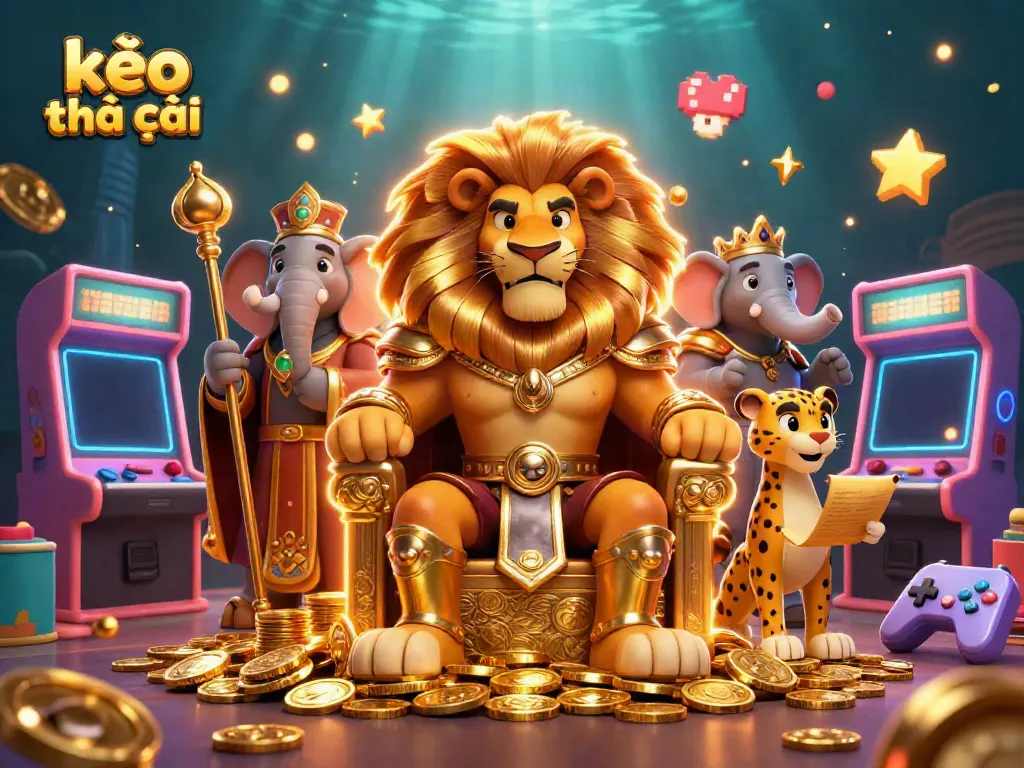 Engage with kèo nhà cái through an ultra-detailed scene featuring a lion king, elephant advisor, and cheetah messenger.