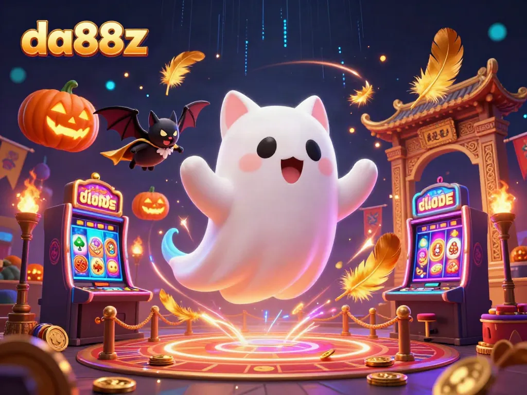 Experience vibrant gaming with da88z's friendly ghost cat and vampire bat in a casino.